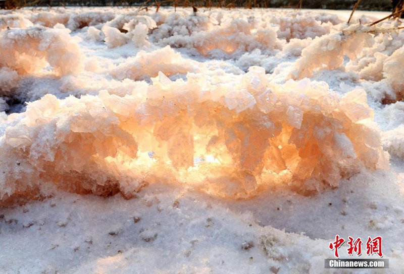 Соленое озеро на Севере Китая покрылось кристаллическими цветами