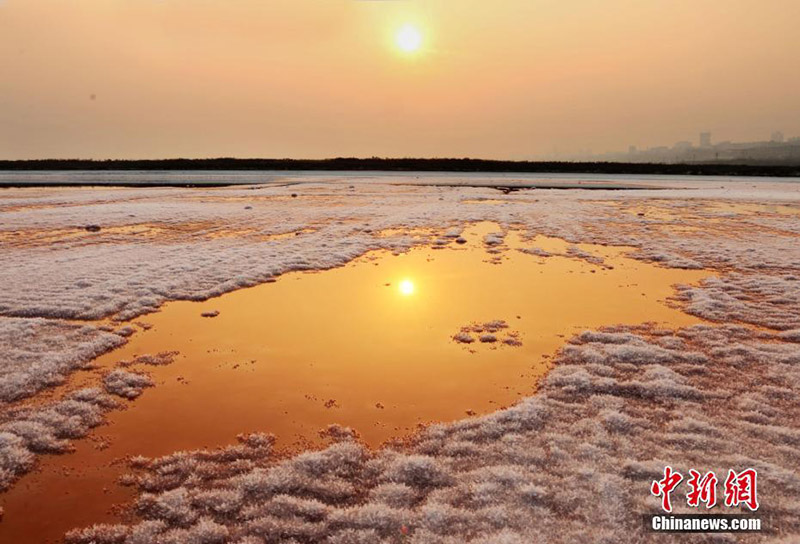 Соленое озеро на Севере Китая покрылось кристаллическими цветами