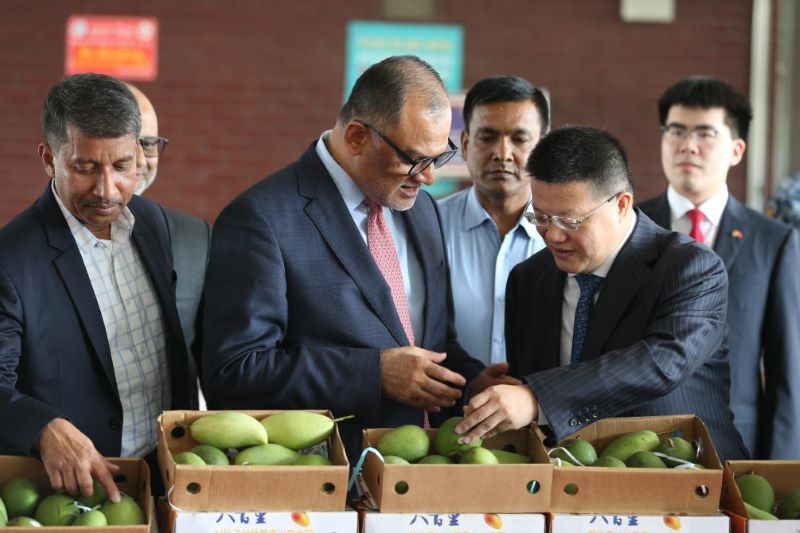 28 мая, Дакка. Посол КНР в Бангладеш Яо Вэнь /справа на переднем плане/ и советник по коммерции Бангладеш Шейх Башир Уддин /в центре на переднем плане/ на мероприятии, посвященном экспорту первой партии свежих манго из Бангладеш в Китай. /Фото: Синьхуа/ 